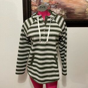 Eddie Bauer Striped Hoodie Sweatshirt Fleece Lined Kangaroo Pocket Women M Green